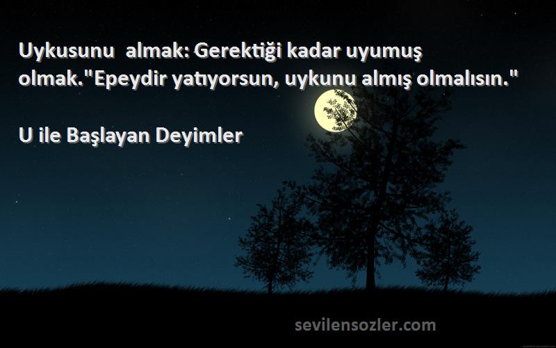 U ile Başlayan Deyimler Sözleri 
Uykusunu almak: Gerektiği kadar uyumuş olmak.Epeydir yatıyorsun, uykunu almış olmalısın.