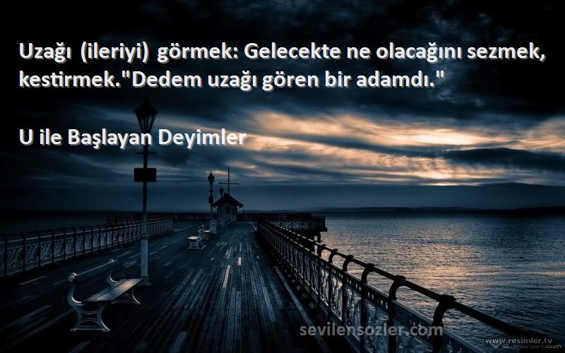 U ile Başlayan Deyimler Sözleri 
Uzağı (ileriyi) görmek: Gelecekte ne olacağını sezmek, kestirmek.Dedem uzağı gören bir adamdı.