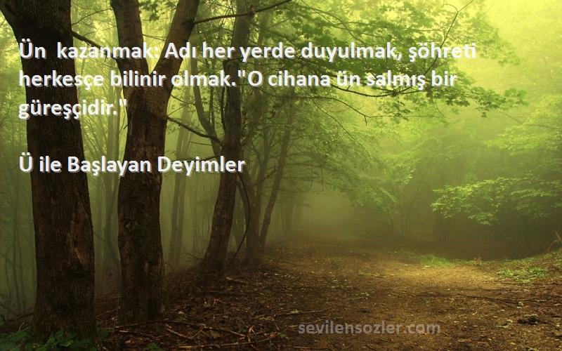 Ü ile Başlayan Deyimler Sözleri 
Ün kazanmak: Adı her yerde duyulmak, şöhreti herkesçe bilinir olmak.O cihana ün salmış bir güreşçidir.