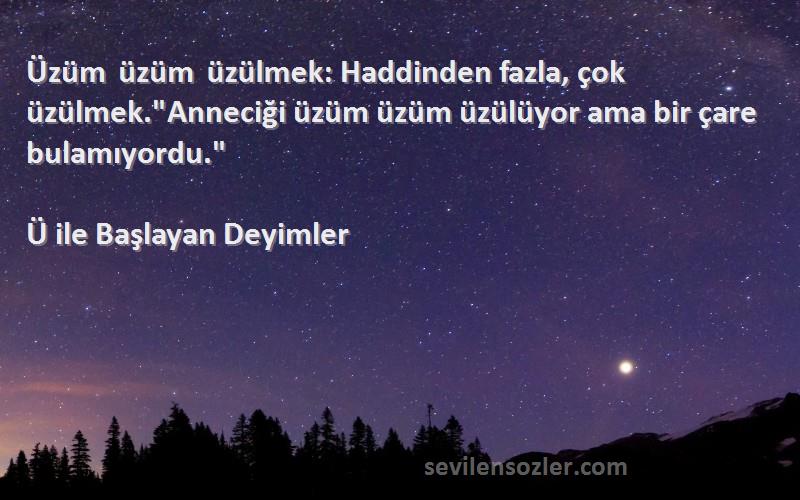 Ü ile Başlayan Deyimler Sözleri 
Üzüm üzüm üzülmek: Haddinden fazla, çok üzülmek.Anneciği üzüm üzüm üzülüyor ama bir çare bulamıyordu.