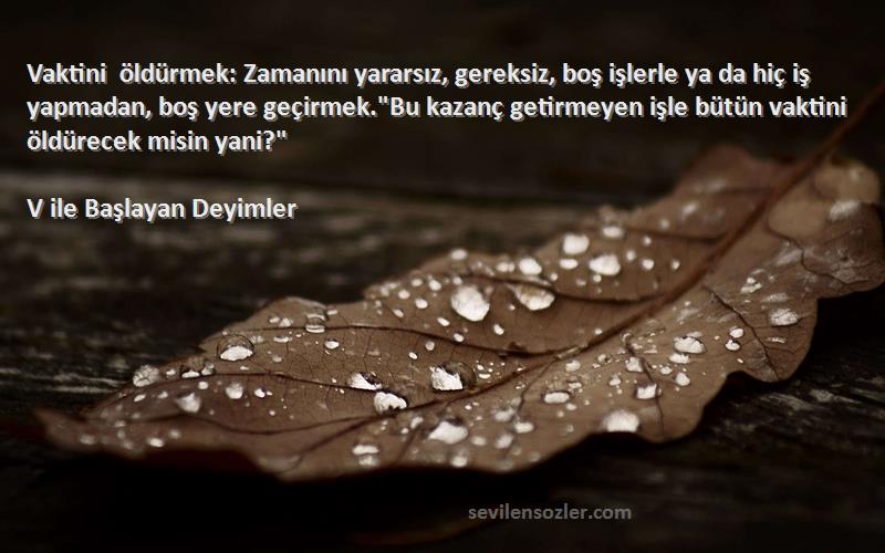 V ile Başlayan Deyimler Sözleri 
Vaktini öldürmek: Zamanını yararsız, gereksiz, boş işlerle ya da hiç iş yapmadan, boş yere geçirmek.Bu kazanç getirmeyen işle bütün vaktini öldürecek misin yani?