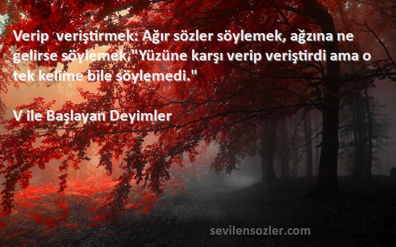 V ile Başlayan Deyimler Sözleri 
Verip veriştirmek: Ağır sözler söylemek, ağzına ne gelirse söylemek.Yüzüne karşı verip veriştirdi ama o tek kelime bile söylemedi.