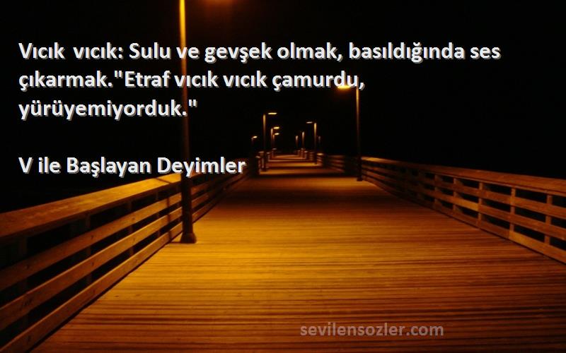 V ile Başlayan Deyimler Sözleri 
Vıcık vıcık: Sulu ve gevşek olmak, basıldığında ses çıkarmak.Etraf vıcık vıcık çamurdu, yürüyemiyorduk.