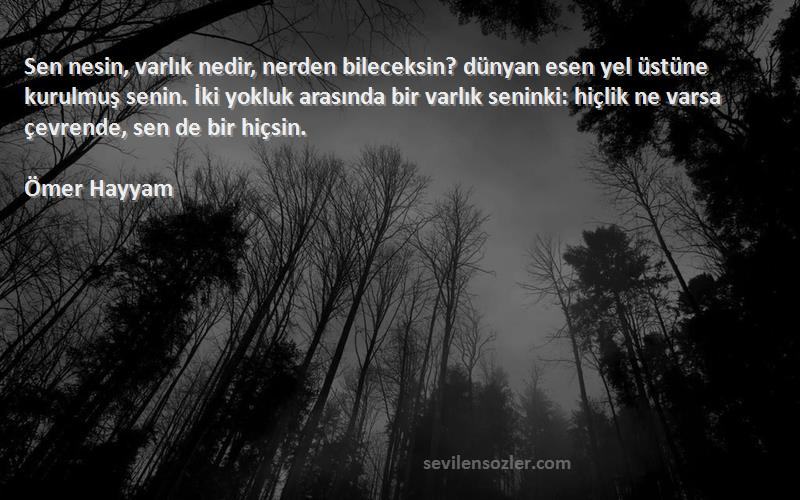 Ömer Hayyam Sözleri 
Sen nesin, varlık nedir, nerden bileceksin? dünyan esen yel üstüne kurulmuş senin. İki yokluk arasında bir varlık seninki: hiçlik ne varsa çevrende, sen de bir hiçsin.