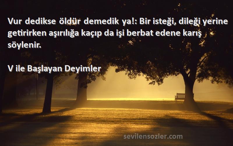 V ile Başlayan Deyimler Sözleri 
Vur dedikse öldür demedik ya!: Bir isteği, dileği yerine getirirken aşırılığa kaçıp da işi berbat edene karış söylenir.