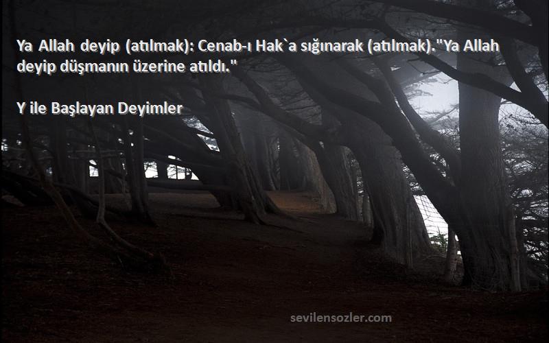 Y ile Başlayan Deyimler Sözleri 
Ya Allah deyip (atılmak): Cenab-ı Hak`a sığınarak (atılmak).Ya Allah deyip düşmanın üzerine atıldı.