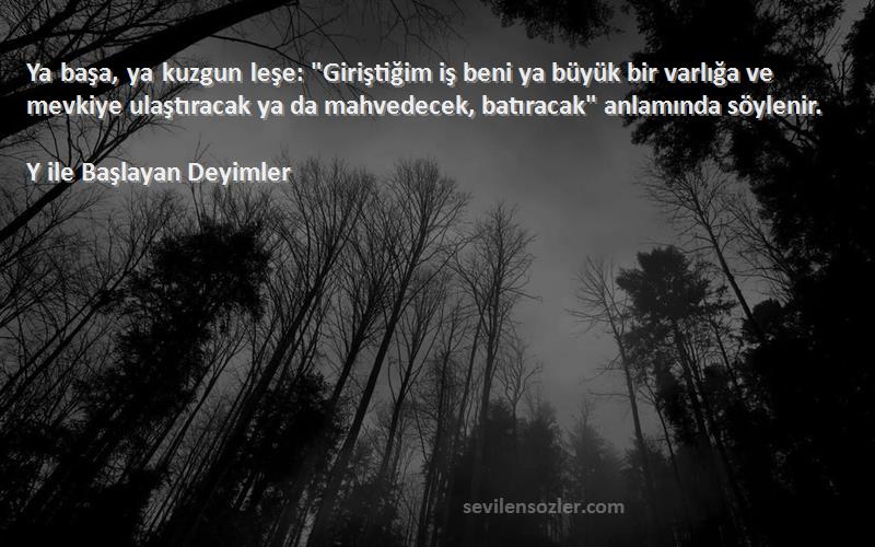 Y ile Başlayan Deyimler Sözleri 
Ya başa, ya kuzgun leşe: Giriştiğim iş beni ya büyük bir varlığa ve mevkiye ulaştıracak ya da mahvedecek, batıracak anlamında söylenir.