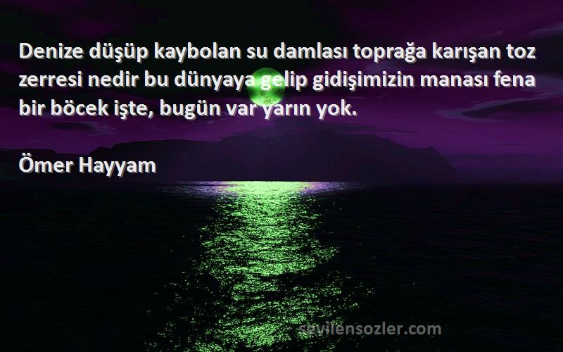 Ömer Hayyam Sözleri 
Denize düşüp kaybolan su damlası toprağa karışan toz zerresi nedir bu dünyaya gelip gidişimizin manası fena bir böcek işte, bugün var yarın yok.