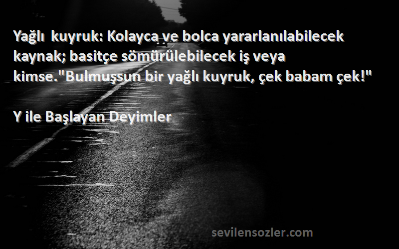 Y ile Başlayan Deyimler Sözleri 
Yağlı kuyruk: Kolayca ve bolca yararlanılabilecek kaynak; basitçe sömürülebilecek iş veya kimse.Bulmuşsun bir yağlı kuyruk, çek babam çek!