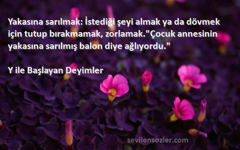 Y ile Başlayan Deyimler Sözleri 
Yakasına sarılmak: İstediği şeyi almak ya da dövmek için tutup bırakmamak, zorlamak.Çocuk annesinin yakasına sarılmış balon diye ağlıyordu.