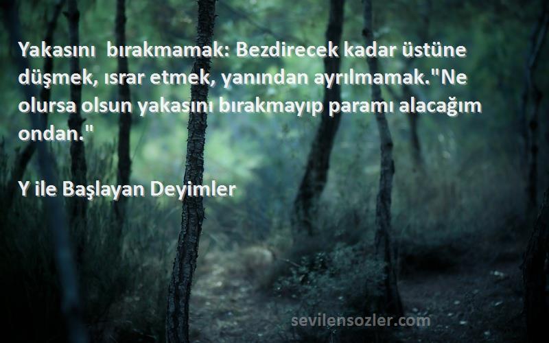 Y ile Başlayan Deyimler Sözleri 
Yakasını bırakmamak: Bezdirecek kadar üstüne düşmek, ısrar etmek, yanından ayrılmamak.Ne olursa olsun yakasını bırakmayıp paramı alacağım ondan.