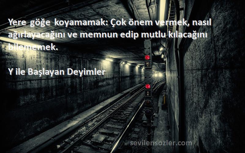 Y ile Başlayan Deyimler Sözleri 
Yere göğe koyamamak: Çok önem vermek, nasıl ağırlayacağını ve memnun edip mutlu kılacağını bilememek.