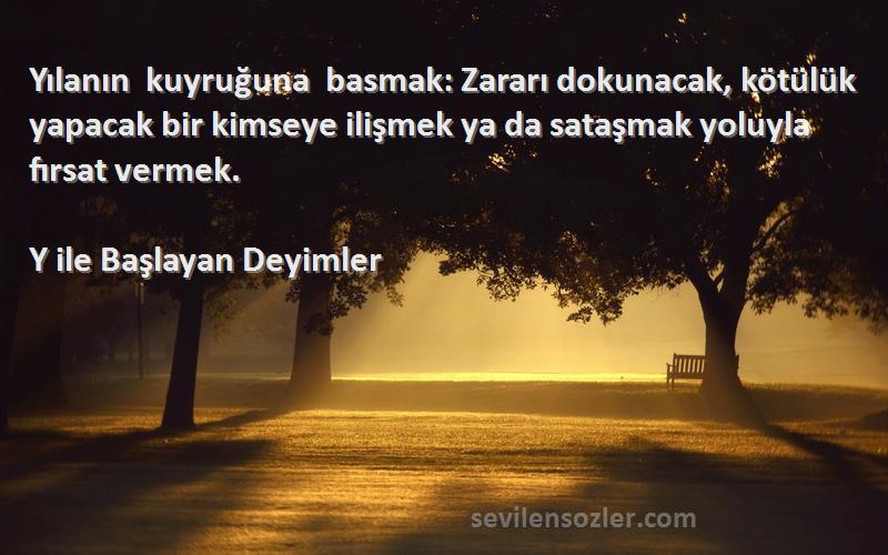 Y ile Başlayan Deyimler Sözleri 
Yılanın kuyruğuna basmak: Zararı dokunacak, kötülük yapacak bir kimseye ilişmek ya da sataşmak yoluyla fırsat vermek.