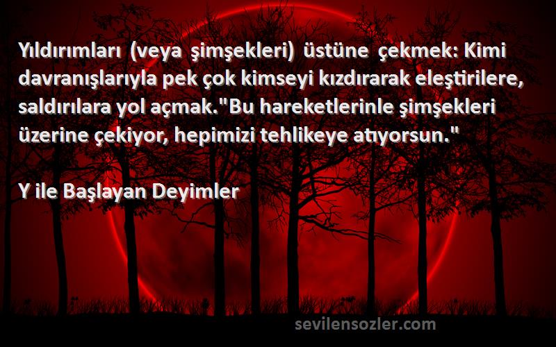 Y ile Başlayan Deyimler Sözleri 
Yıldırımları (veya şimşekleri) üstüne çekmek: Kimi davranışlarıyla pek çok kimseyi kızdırarak eleştirilere, saldırılara yol açmak.Bu hareketlerinle şimşekleri üzerine çekiyor, hepimizi tehlikeye atıyorsun.