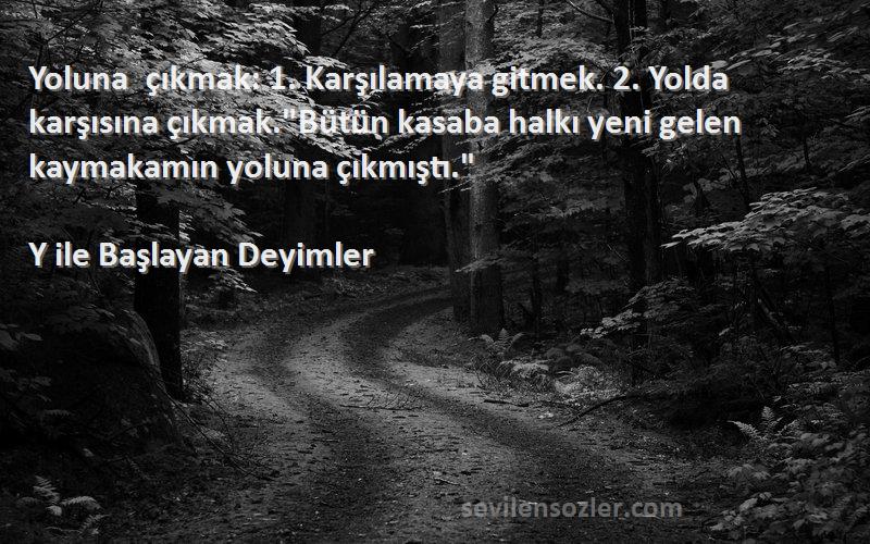 Y ile Başlayan Deyimler Sözleri 
Yoluna çıkmak: 1. Karşılamaya gitmek. 2. Yolda karşısına çıkmak.Bütün kasaba halkı yeni gelen kaymakamın yoluna çıkmıştı.