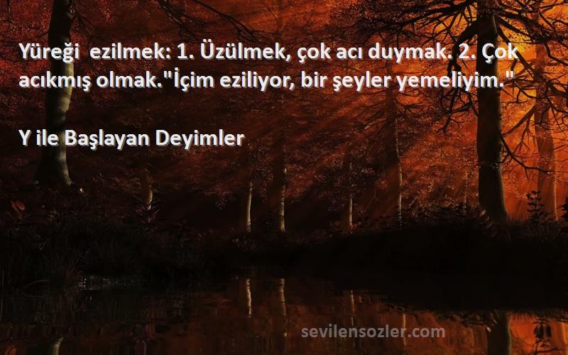 Y ile Başlayan Deyimler Sözleri 
Yüreği ezilmek: 1. Üzülmek, çok acı duymak. 2. Çok acıkmış olmak.İçim eziliyor, bir şeyler yemeliyim.
