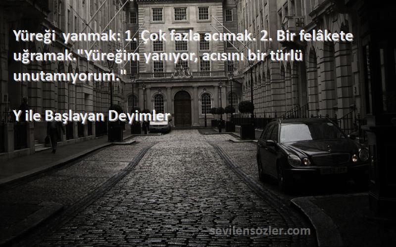 Y ile Başlayan Deyimler Sözleri 
Yüreği yanmak: 1. Çok fazla acımak. 2. Bir felâkete uğramak.Yüreğim yanıyor, acısını bir türlü unutamıyorum.