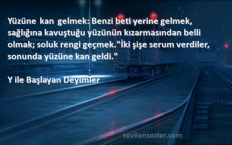 Y ile Başlayan Deyimler Sözleri 
Yüzüne kan gelmek: Benzi beti yerine gelmek, sağlığına kavuştuğu yüzünün kızarmasından belli olmak; soluk rengi geçmek.İki şişe serum verdiler, sonunda yüzüne kan geldi.