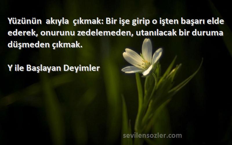 Y ile Başlayan Deyimler Sözleri 
Yüzünün akıyla çıkmak: Bir işe girip o işten başarı elde ederek, onurunu zedelemeden, utanılacak bir duruma düşmeden çıkmak.