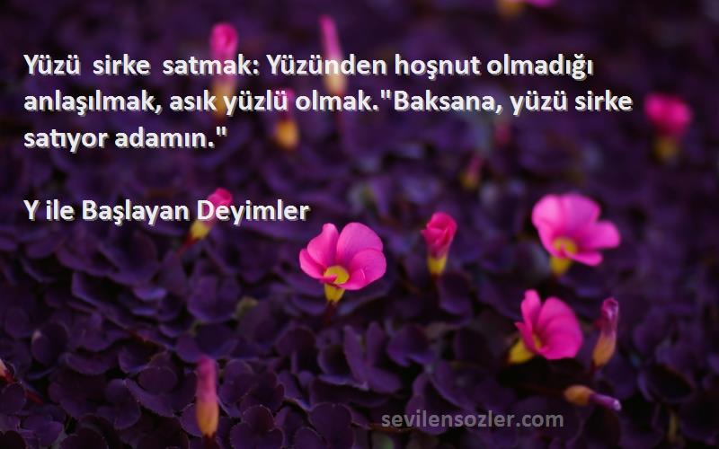 Y ile Başlayan Deyimler Sözleri 
Yüzü sirke satmak: Yüzünden hoşnut olmadığı anlaşılmak, asık yüzlü olmak.Baksana, yüzü sirke satıyor adamın.