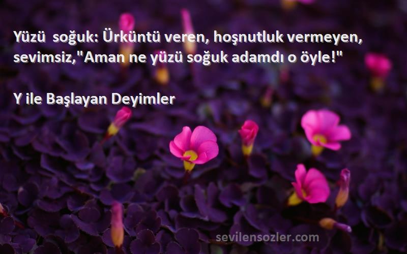 Y ile Başlayan Deyimler Sözleri 
Yüzü soğuk: Ürküntü veren, hoşnutluk vermeyen, sevimsiz,Aman ne yüzü soğuk adamdı o öyle!