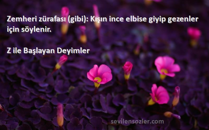 Z ile Başlayan Deyimler Sözleri 
Zemheri zürafası (gibi): Kışın ince elbise giyip gezenler için söylenir.