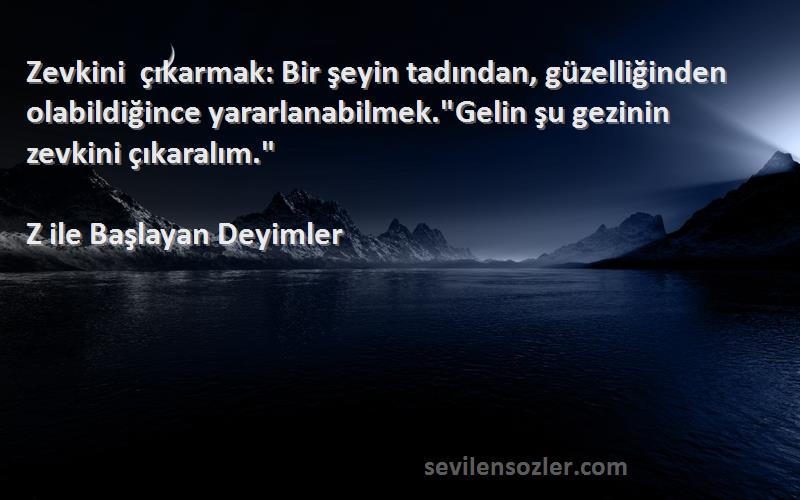 Z ile Başlayan Deyimler Sözleri 
Zevkini çıkarmak: Bir şeyin tadından, güzelliğinden olabildiğince yararlanabilmek.Gelin şu gezinin zevkini çıkaralım.