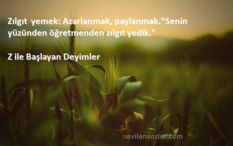 Z ile Başlayan Deyimler - Zılgıt yemek: Azarlanmak, paylanmak.Senin yüzünden öğretmenden zılgıt yedik.