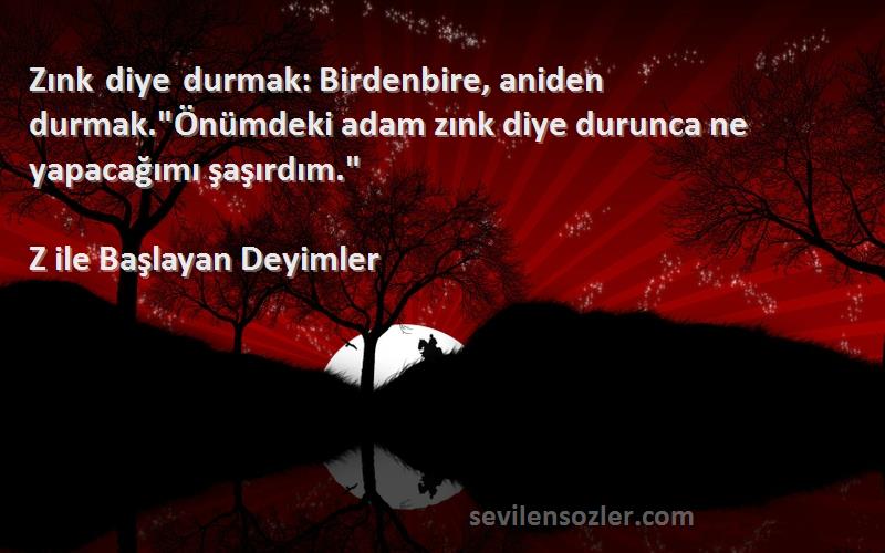 Z ile Başlayan Deyimler Sözleri 
Zınk diye durmak: Birdenbire, aniden durmak.Önümdeki adam zınk diye durunca ne yapacağımı şaşırdım.