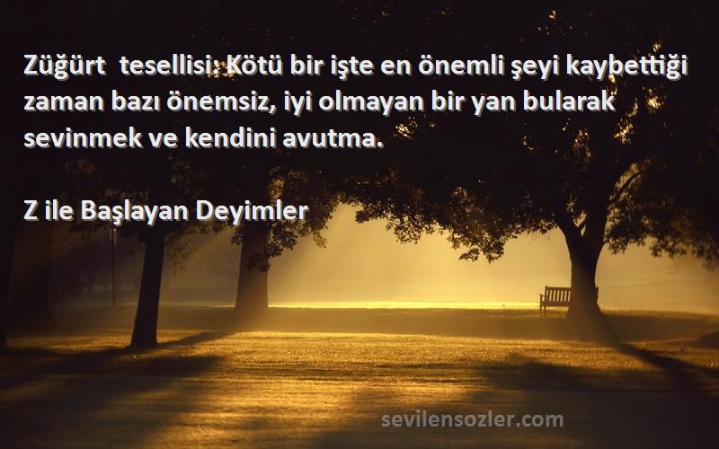 Z ile Başlayan Deyimler Sözleri 
Züğürt tesellisi: Kötü bir işte en önemli şeyi kaybettiği zaman bazı önemsiz, iyi olmayan bir yan bularak sevinmek ve kendini avutma.