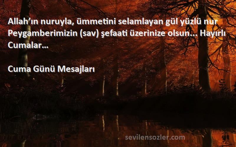 Cuma Günü Mesajları Sözleri 
Allah’ın nuruyla, ümmetini selamlayan gül yüzlü nur Peygamberimizin (sav) şefaati üzerinize olsun... Hayırlı Cumalar…