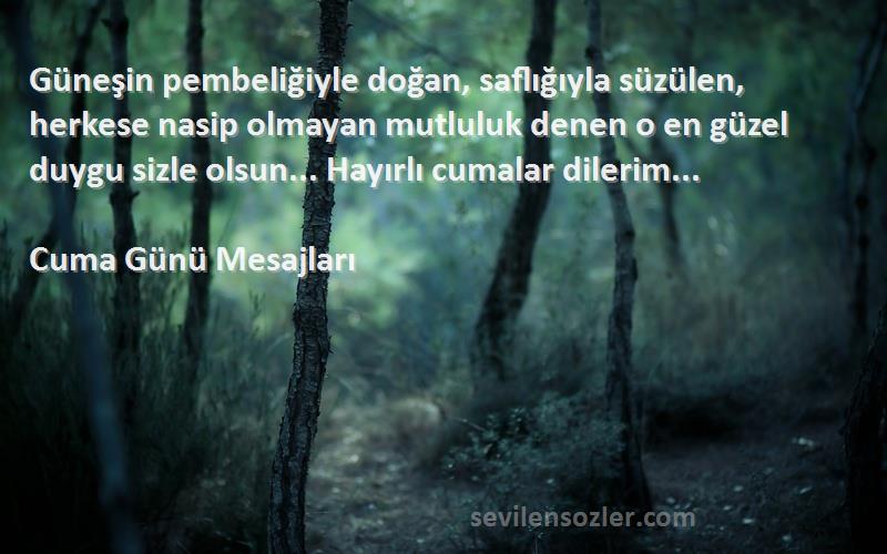 Cuma Günü Mesajları Sözleri 
Güneşin pembeliğiyle doğan, saflığıyla süzülen, herkese nasip olmayan mutluluk denen o en güzel duygu sizle olsun... Hayırlı cumalar dilerim...