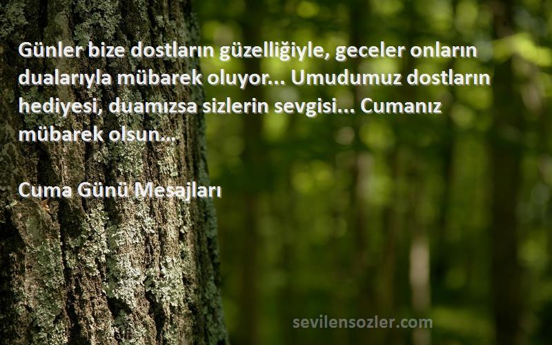 Cuma Günü Mesajları Sözleri 
Günler bize dostların güzelliğiyle, geceler onların dualarıyla mübarek oluyor... Umudumuz dostların hediyesi, duamızsa sizlerin sevgisi... Cumanız mübarek olsun… 