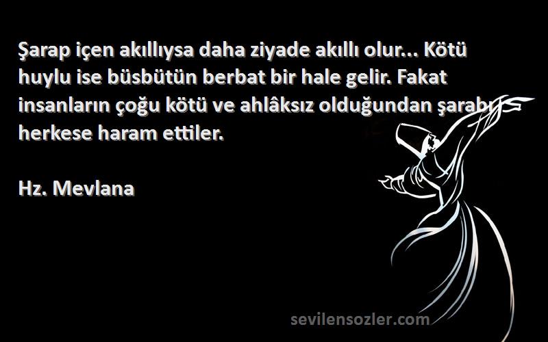 Hz. Mevlana Sözleri 
Şarap içen akıllıysa daha ziyade akıllı olur... Kötü huylu ise büsbütün berbat bir hale gelir. Fakat insanların çoğu kötü ve ahlâksız olduğundan şarabı herkese haram ettiler.