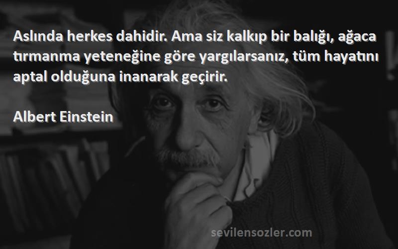 Albert Einstein Sözleri 
Aslında herkes dahidir. Ama siz kalkıp bir balığı, ağaca tırmanma yeteneğine göre yargılarsanız, tüm hayatını aptal olduğuna inanarak geçirir.
