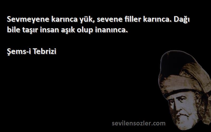 Şems-i Tebrizi - Sevmeyene karınca yük, sevene filler karınca. Dağı bile taşır insan aşık olup inanınca.
