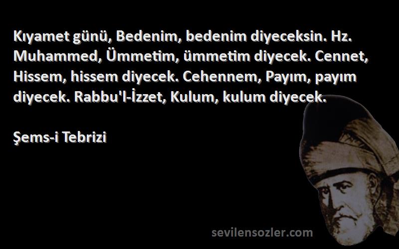 Şems-i Tebrizi Sözleri 
Kıyamet günü, Bedenim, bedenim diyeceksin. Hz. Muhammed, Ümmetim, ümmetim diyecek. Cennet, Hissem, hissem diyecek. Cehennem, Payım, payım diyecek. Rabbu'l-İzzet, Kulum, kulum diyecek.
