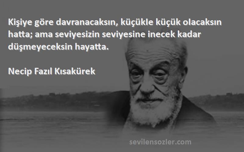 Necip Fazıl Kısakürek Sözleri 
Kişiye göre davranacaksın, küçükIe küçük oIacaksın hatta; ama seviyesizin seviyesine inecek kadar düşmeyeceksin hayatta.
