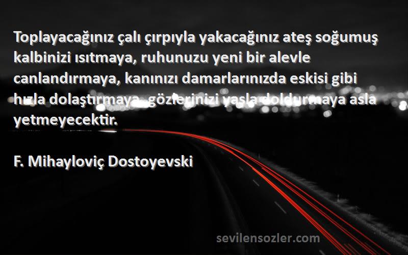 F. Mihayloviç Dostoyevski Sözleri 
Toplayacağınız çalı çırpıyla yakacağınız ateş soğumuş kalbinizi ısıtmaya, ruhunuzu yeni bir alevle canlandırmaya, kanınızı damarlarınızda eskisi gibi hızla dolaştırmaya, gözlerinizi yaşla doldurmaya asla yetmeyecektir.
