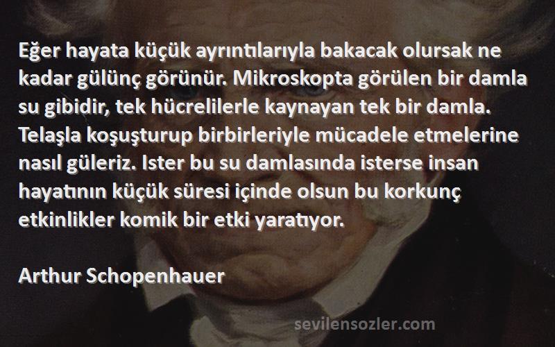 Arthur Schopenhauer Sözleri 
Eğer hayata küçük ayrıntılarıyla bakacak olursak ne kadar gülünç görünür. Mikroskopta görülen bir damla su gibidir, tek hücrelilerle kaynayan tek bir damla. Telaşla koşuşturup birbirleriyle mücadele etmelerine nasıl güleriz. Ister bu su damlasında isterse insan hayatının küçük süresi içinde olsun bu korkunç etkinlikler komik bir etki yaratıyor.

