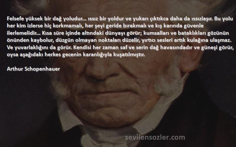 Arthur Schopenhauer Sözleri 
Felsefe yüksek bir dağ yoludur... ıssız bir yoldur ve yukarı çıktıkca daha da ıssızlaşır. Bu yolu her kim izlerse hiç korkmamalı, her şeyi geride bırakmalı ve kış karında güvenle ilerlemelidir... Kısa süre içinde altındaki dünyayı görür; kumsalları ve bataklıkları gözünün önünden kaybolur, düzgün olmayan noktaları düzelir, yırtıcı sesleri artık kulağına ulaşmaz. Ve yuvarlaklığını da görür. Kendisi her zaman saf ve serin dağ havasındadır ve güneşi görür, oysa aşağıdakı herkes gecenin karanlığıyla kuşatılmıştır.

