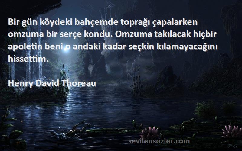 Henry David Thoreau Sözleri 
Bir gün köydeki bahçemde toprağı çapalarken omzuma bir serçe kondu. Omzuma takılacak hiçbir apoletin beni o andaki kadar seçkin kılamayacağını hissettim.