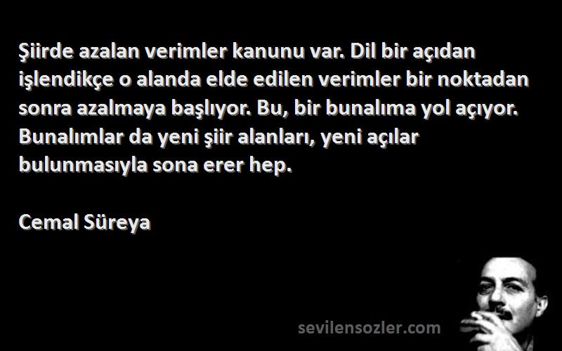 Cemal Süreya Sözleri 
Şiirde azalan verimler kanunu var. Dil bir açıdan işlendikçe o alanda elde edilen verimler bir noktadan sonra azalmaya başlıyor. Bu, bir bunalıma yol açıyor. Bunalımlar da yeni şiir alanları, yeni açılar bulunmasıyla sona erer hep.
