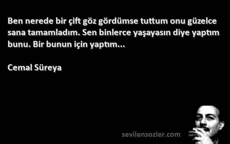 Cemal Süreya Sözleri 
Ben nerede bir çift göz gördümse tuttum onu güzelce sana tamamladım. Sen binlerce yaşayasın diye yaptım bunu. Bir bunun için yaptım...
