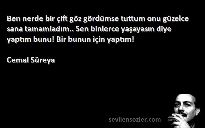 Cemal Süreya Sözleri 
Ben nerde bir çift göz gördümse tuttum onu güzelce sana tamamladım.. Sen binlerce yaşayasın diye yaptım bunu! Bir bunun için yaptım!
