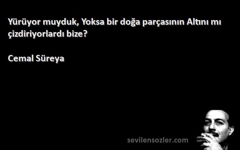 Cemal Süreya Sözleri 
Yürüyor muyduk, Yoksa bir doğa parçasının Altını mı çizdiriyorlardı bize?
