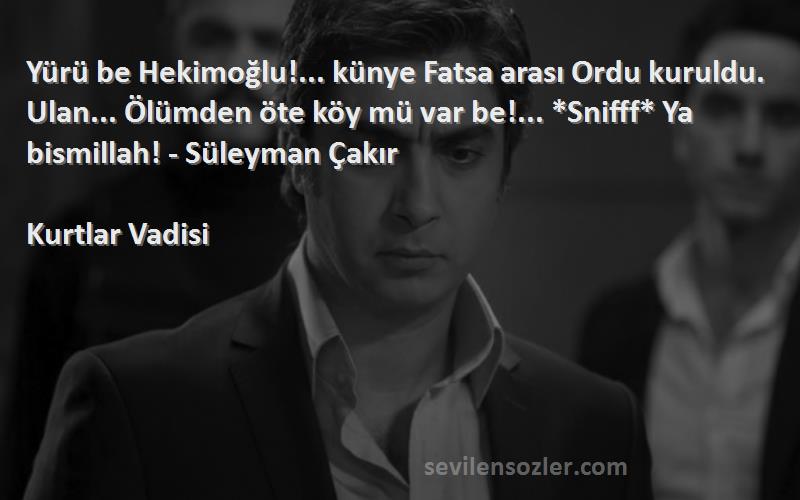 Kurtlar Vadisi Sözleri 
Yürü be Hekimoğlu!... künye Fatsa arası Ordu kuruldu. Ulan... Ölümden öte köy mü var be!... *Snifff* Ya bismillah! - Süleyman Çakır
