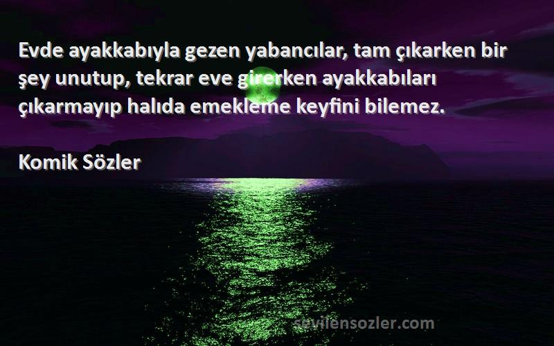 Komik Sözler Sözleri 
Evde ayakkabıyla gezen yabancılar, tam çıkarken bir şey unutup, tekrar eve girerken ayakkabıları çıkarmayıp halıda emekleme keyfini bilemez.
