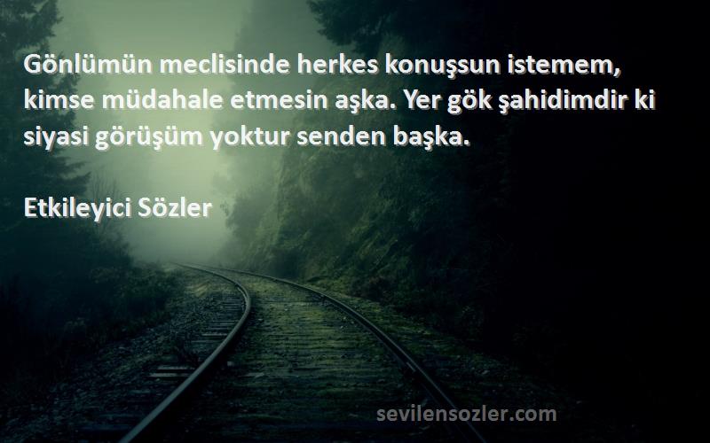 Etkileyici Sözler Sözleri 
Gönlümün meclisinde herkes konuşsun istemem, kimse müdahale etmesin aşka. Yer gök şahidimdir ki siyasi görüşüm yoktur senden başka.
