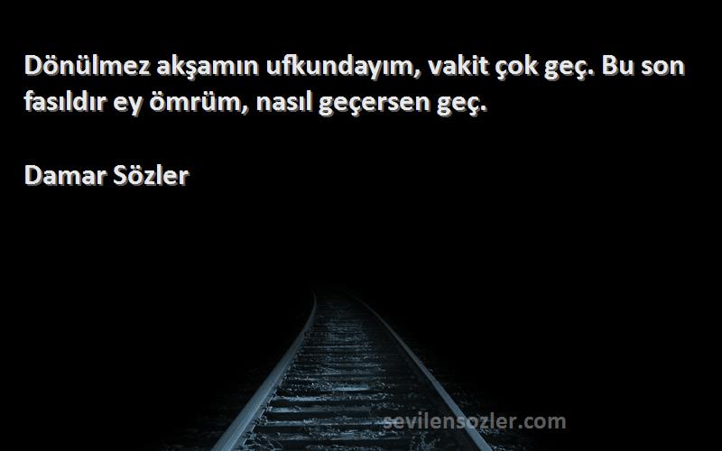 Damar Sözler Sözleri 
Dönülmez akşamın ufkundayım, vakit çok geç. Bu son fasıldır ey ömrüm, nasıl geçersen geç.
